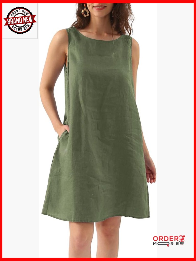 Linen Sleeveless Shift Dress With Pockets Crew Neck Casual Tank
